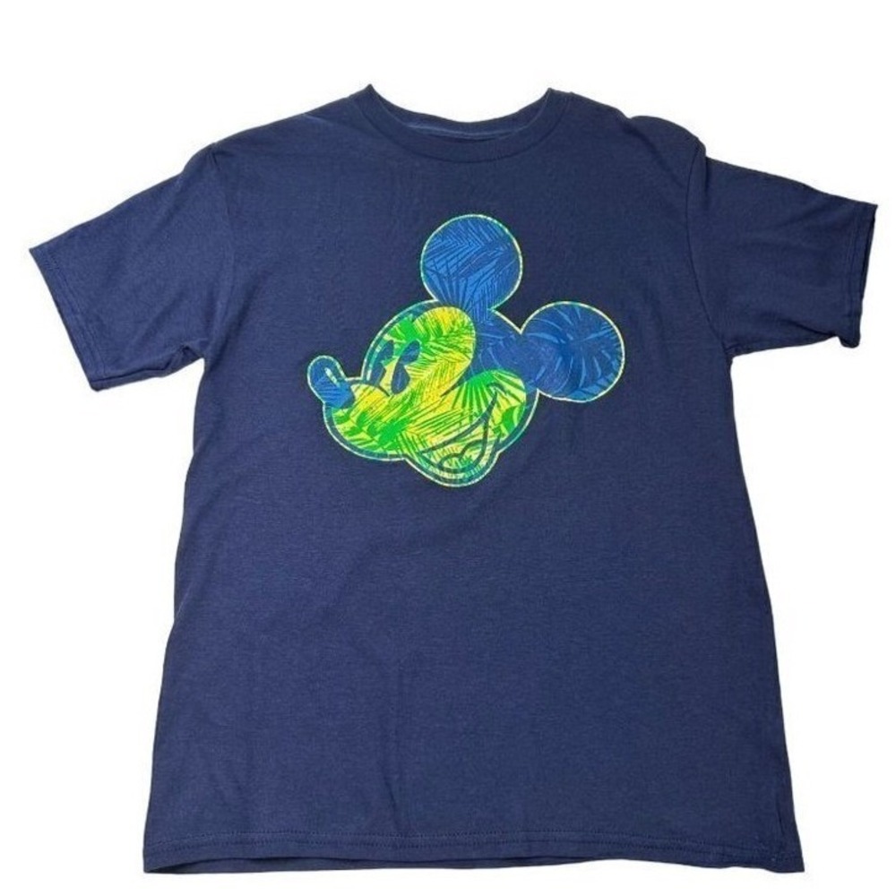 Disney Mickey Mouse Tropical Palm Graphic Tee Navy Blue Short Sleeve Shirt
